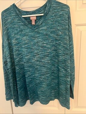 Chico's Teal Space-Dye V-Neck Long Sleeve Top
